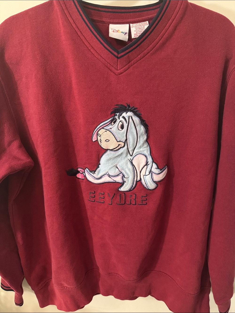 Vintage Disney Burgundy V-Neck Sweatshirt with Eeyore Embroidery Size Medium
